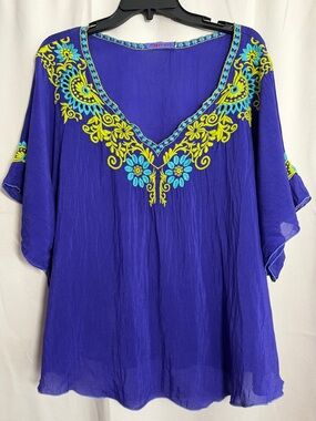 Johnny Was V Neck Embroidered Bat Wing Purple Blue Green Crinkle Blouse 1X